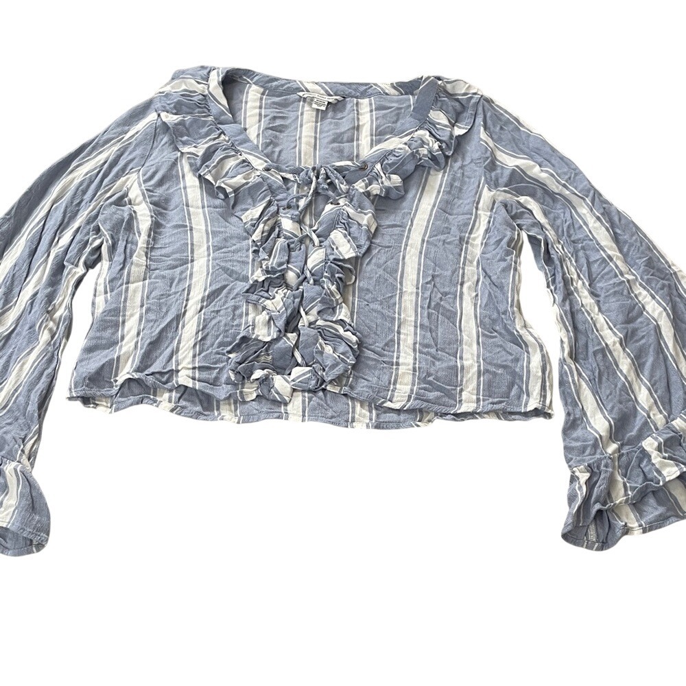 American Eagle Striped‎ Lace Up Ruffle Crop Top Blue White Bell Sleeve Medium